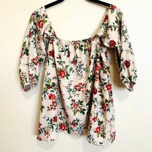 Love Culture beige women top red floral print off shoulder crop top size S